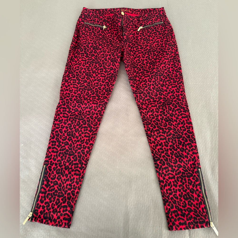 Michael Kors fabulous red black animal print leopard jeans punk zippers 80s look
